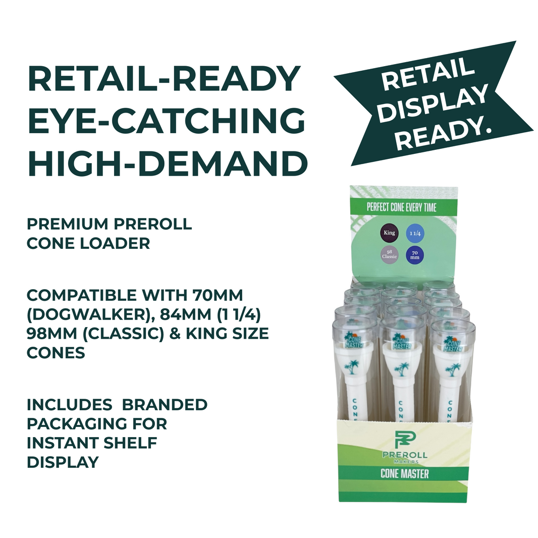 Cone Master premium preroll cone loader retail display box with text Retail-ready, eye-catching, high-demand, compatible with 70mm, 84mm, 98mm, and king size cones, includes branded packaging for instant shelf display