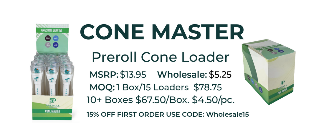 Cone Master preroll cone loader wholesale pricing flyer with product display box and individual loaders, includes MSRP, wholesale price, quantity discounts, and first order promo code