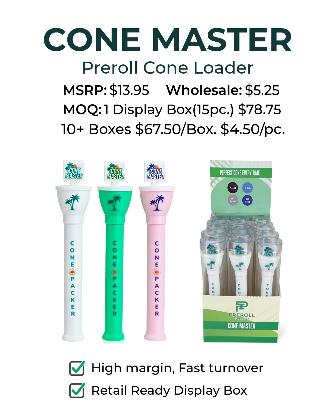 Cone Master preroll cone loader wholesale pricing flyer with white, green, and pink loaders, retail display box, and text highlighting high margin, fast turnover, and retail ready packaging